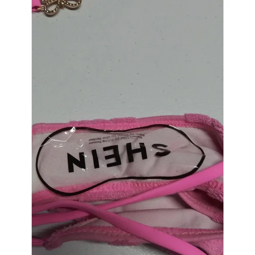 Pink Terry Cloth Tie-Strap Triangle Bikini Set with Heart Texture Size M